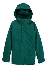 Grüne, strukturierte Jacke mit Kapuze, die Druckknöpfe, Taschen an der Seite und ein glattes Futter hat. Das Design ist schlank mit einer stromlinienförmigen Silhouette.