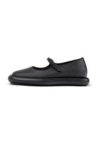 Scarpe Mary Jane in pelle nera con punta arrotondata, cinturino regolabile con una fibbia tonda e una suola in gomma morbida e imbottita.