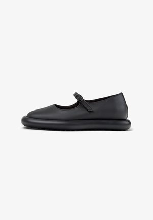 Zwarte leren Mary Jane schoenen met een ronde neus, verstelbare band met een ronde gesp, en een zachte, gevoerde rubberen zool.