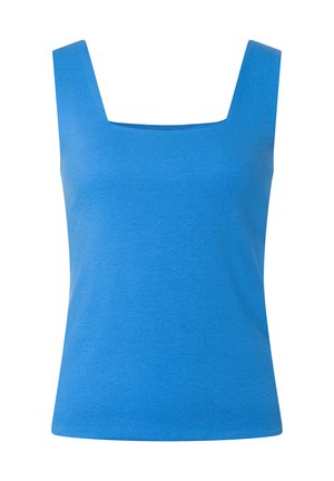 Blauw geribt gebreid mouwloos topje met brede bandjes en een vierkante halslijn.