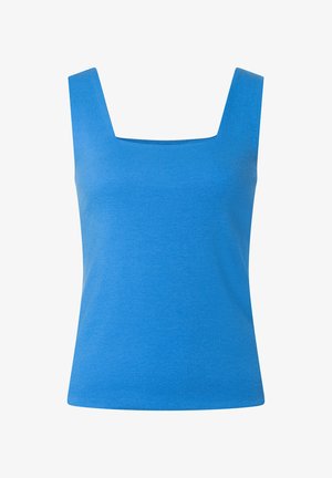 Blau geripptes ärmelloses Top mit breiten Trägern und eckigem Ausschnitt.