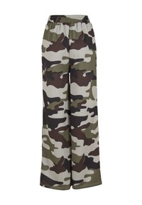 Pantalons larges en camouflage avec une taille élastique, fabriqués à partir d'un tissu doux dans des teintes de vert, marron et beige.