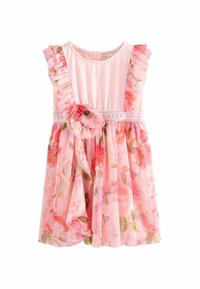 Helles Rosafarbendes Kleid mit Blumenmuster, rüschierten Ärmeln und tailliertem Schnitt mit einem dekorativen Blumenakzent. Hergestellt aus weichem Stoff.