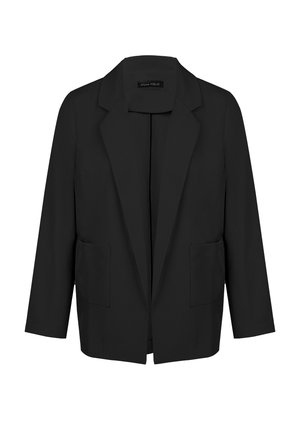 Black blazer made of smooth fabric, featuring a notched collar, long sleeves, two front pockets, and no fastenings.