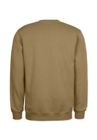 Ruskea huppari pyöreällä kauluksella, normaali istuvuus, ribbaatut hihansuut ja helma. Kangas on sileä ja siinä on minimaalinen ompelutyyli.