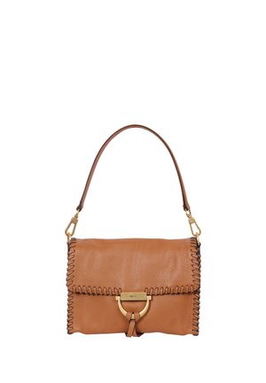 Brown leather handbag with stitched edges, gold-tone clasp, and single top handle strap.