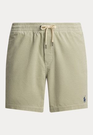 Jasnozielone szorty kąpielowe w paski z elastycznym pasem i sznurkiem. Na dolnej lewej stronie znajduje się małe niebieskie logo.