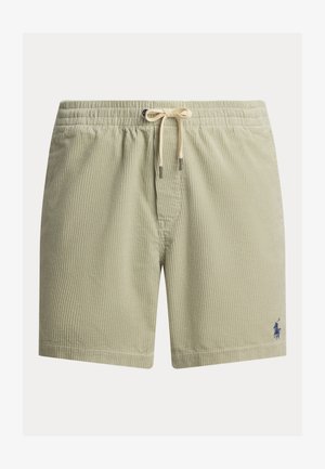 Lysegrønne stripete badeshorts med elastisk midjebånd og snor. Har en liten blå logo nederst på venstre side.