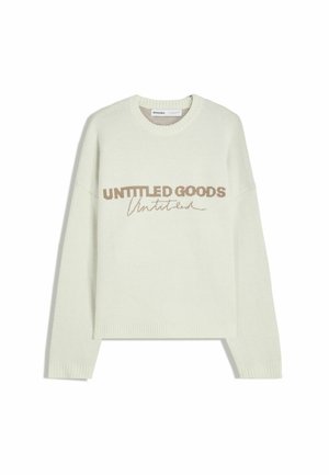 Off-white knit sweater with long sleeves, ribbed cuffs and hem, and "UNTITLED GOODS" text in brown across the chest.