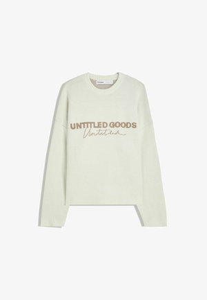 Off-white stickad tröja med långa ärmar, ribbade mudd och nederkant, samt texten "UNTITLED GOODS" i brunt över bröstet.