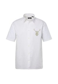 Camicia bianca a maniche corte in cotone, con una delicata ricamo di un cervo verde oliva sul lato sinistro del petto, dal classico design con bottoni.