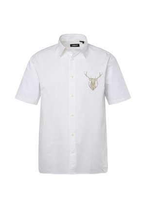 White short-sleeve shirt made of cotton, featuring a subtle olive green stag head embroidery on the left chest, with a standard button-up design.