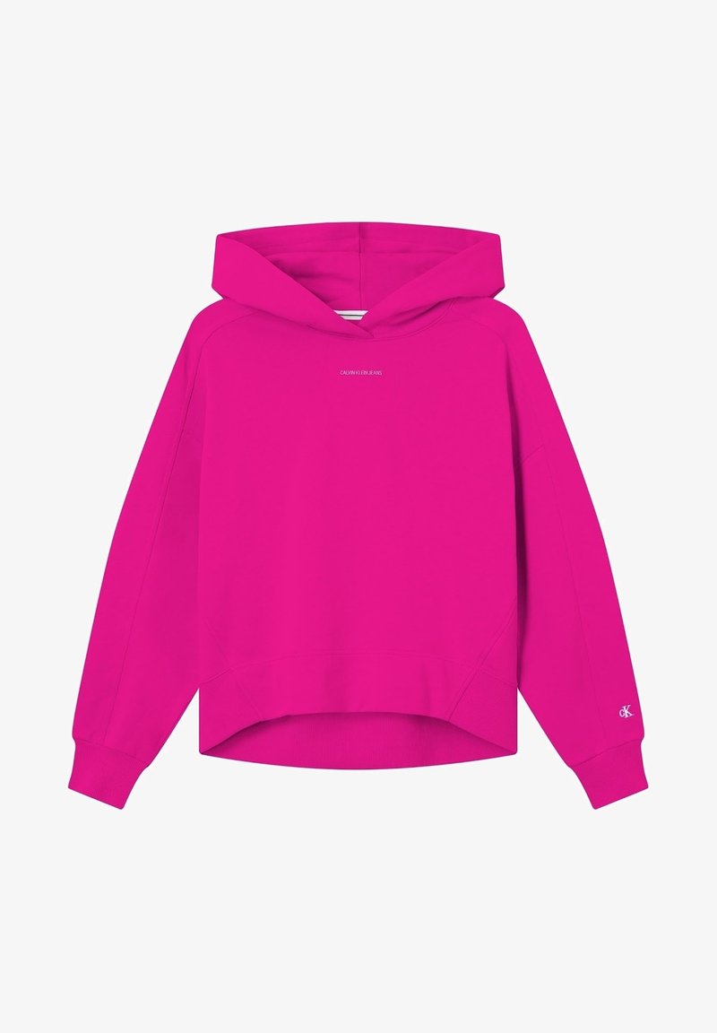 Hoodie fuchsia à manches longues, avec poche kangourou et capuche à cordon. Présente un petit logo sur la poitrine et des poignets côtelés.
