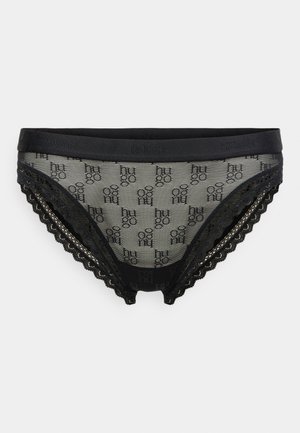 Juodos nėriniuotos apatinės kelnaitės su elastine juosta su "Hugo" logotipu, pusiau permatomu tinkleliu ir banguotu apvadu kraštuose.