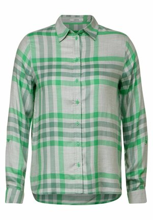 Camicia a quadri verde e grigia con colletto, maniche lunghe e bottoni verdi, realizzata in tessuto leggero.