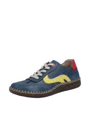 Blue leather sneaker with yellow wave design, gray laces, red heel accent, and textured brown sole with stitched trim.