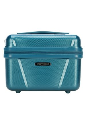 Maleta rígida en color azul verdoso con un patrón texturizado en forma de panal, cremalleras dobles, asa superior y cuatro pequeñas ruedas para facilitar su movilidad.