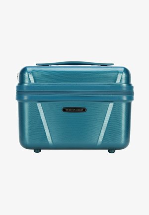 Türkise Hartschalenkoffer mit strukturiertem Wabenmuster, doppelten Reißverschlüssen, Tragegriff oben und vier kleinen Rollen für Mobilität.