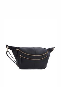 Zwarte leren tas met twee ritsen aan de voorkant en één rits aan de zijkant. Voorzien van gouden hardware en een gebogen, zacht ontwerp. Verstelbare riem inbegrepen.