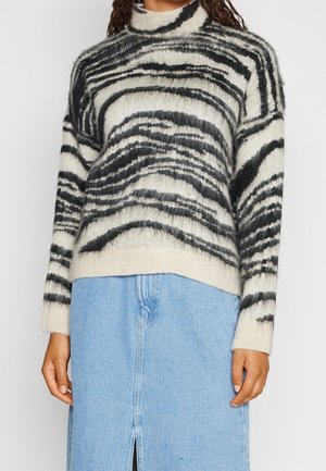Maglione in misto lana con colletto alto, base crema con strisce astratte nere e grigie, vestibilità ampia e polsini a coste.