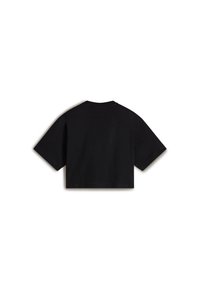 Camiseta negra corta de algodón, con mangas cortas, un escote redondo y una textura suave. Sin patrones ni adornos visibles.