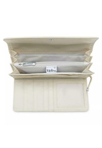 Portafoglio Kipling in tessuto beige, caratterizzato da un compartimento con zip, diversi scomparti per carte e un portadocumenti trasparente. Texture liscia e design semplice.