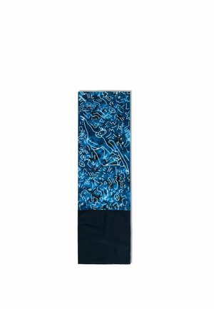 Pasamontañas rectangular azul y negro con patrones lineales abstractos y geométricos blancos en la sección azul.