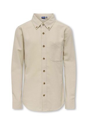 Beige button-up shirt made of textured fabric, featuring a classic collar, long sleeves, and a small chest pocket. Brown buttons add contrast.