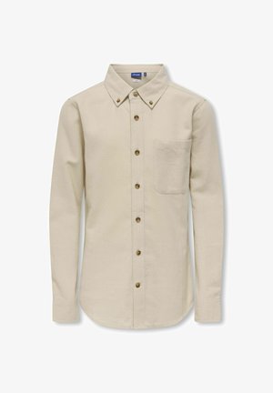 Beige button-up shirt made of textured fabric, featuring a classic collar, long sleeves, and a small chest pocket. Brown buttons add contrast.