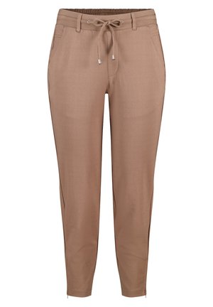 Pantalons légers marron avec une taille élastiquée, cordon de serrage, poches latérales et zips aux chevilles pour une silhouette fuselée.