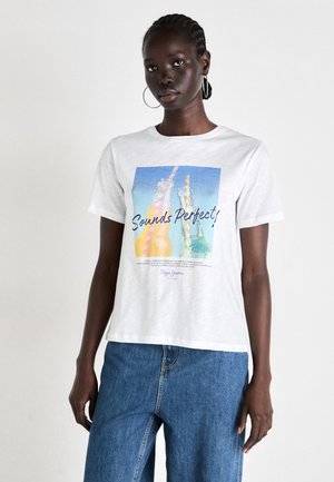 White short-sleeve t-shirt featuring a colorful graphic of two drink bottles with straws, text "Sounds Perfect," and a relaxed fit.
