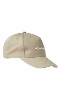 Casquette de baseball beige avec une visière incurvée, texture en tissu, et un logo "Originals" brodé en blanc à l'avant, comportant des œillets de ventilation.