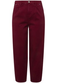 Burgundin väriset puuvillahousut, joissa on rento leikkaus, nappikiinnitys, kaksi etutaskua ja siisti, suora lahkeiden muoto.