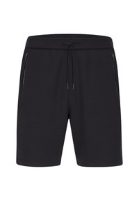 Zwarte sportshorts van zachte stof, voorzien van een elastische tailleband met trekkoord en twee ritszakken aan de zijkant. Glad materiaal en een eenvoudig ontwerp.