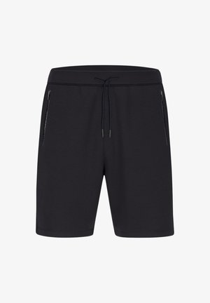 Zwarte sportshorts van zachte stof, voorzien van een elastische tailleband met trekkoord en twee ritszakken aan de zijkant. Glad materiaal en een eenvoudig ontwerp.