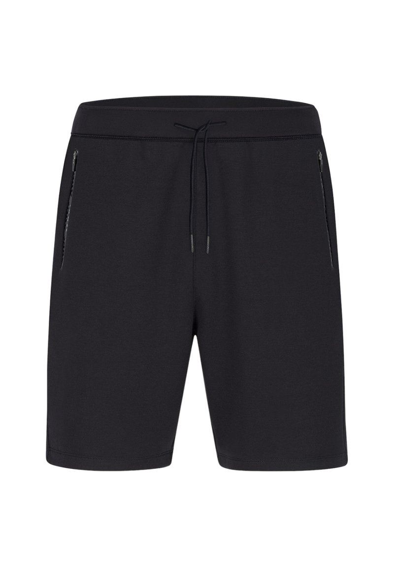 Zwarte sportshorts van zachte stof, voorzien van een elastische tailleband met trekkoord en twee ritszakken aan de zijkant. Glad materiaal en een eenvoudig ontwerp.
