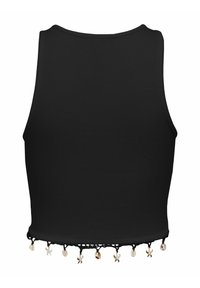 Zwarte mouwloze top met een ribbeltextuur, voorzien van een decoratieve scalloped rand versierd met schelpen en kleine accenten aan de zoom.