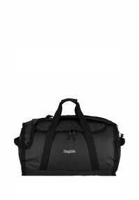 Schwarze Sporttasche mit zwei Griffen und verstellbarem Schultergurt. Verfügt über eine Reißverschlussöffnung an der Oberseite und ein Logo auf der Vorderseite. Langlebiger Stoff.