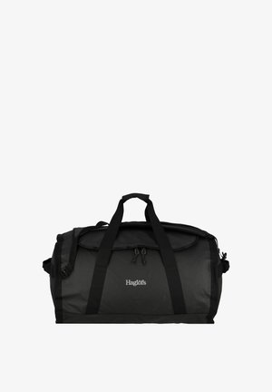 Sac de sport noir avec poignées doubles et bandoulière réglable. Comprend une ouverture supérieure zippée et un logo à l'avant. Tissu résistant.