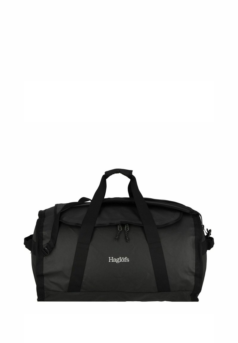 Schwarze Sporttasche mit zwei Griffen und verstellbarem Schultergurt. Verfügt über eine Reißverschlussöffnung an der Oberseite und ein Logo auf der Vorderseite. Langlebiger Stoff.