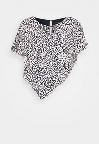 T-shirt à manches courtes en bleu marine avec un motif abstrait de feuilles blanches, encolure arrondie et détail à nouer à l'arrière. Conception légère et drapée.