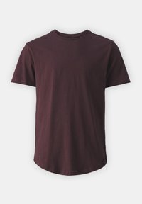 Burgundy short-sleeve t-shirt made of cotton; round neck; smooth texture; slightly curved hem; no visible patterns or accents.