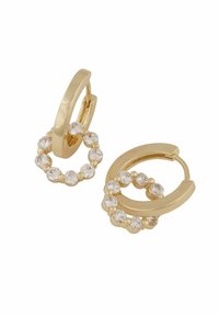 Guldörhängen med cirkulära detaljer prydda med klara, runda kristaller, som visar upp en polerad yta och en strömlinjeformad design.