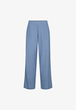 Pantaloni largi bleu deschis, cu talie elastică și țesătură texturată subtilă, fără buzunare sau închideri vizibile.