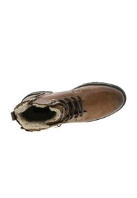 Bottines en cuir marron avec doublure en fausse fourrure, bout rond et semelle en caoutchouc noir. Présente des œillets en métal et un lacet contrastant.