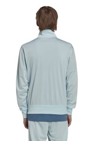 Lichtblauwe sportjas met ritssluiting, hoge kraag, gestroomlijnd ontwerp en geribbelde manchetten. Soepele textuur en nauwsluitende pasvorm.