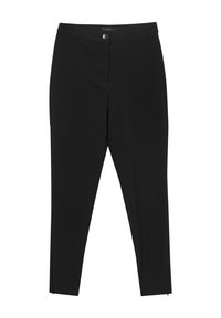 Schwarze, taillierte Hose mit glatter Textur, ausgestattet mit einem vorderen Knopfverschluss, Seitentaschen und dezenten Reißverschlussdetails an den Säumen.