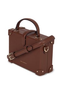 Pruun nahast käekott kastikujulise disainiga, kuldse riistvara aktsentidega, pealmise käepideme ning eemaldatava õlavööga. Esiküljel on logo.