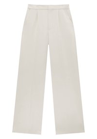 Pantalones de pierna ancha en tela beige claro con pliegues frontales, dos bolsillos laterales, una textura suave y un acabado limpio.