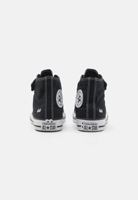 Zapatillas altas Converse All Star negras vistas desde la parte trasera, con costuras blancas, parches de logo y pequeños diseños de ojos blancos cerca de los talones.